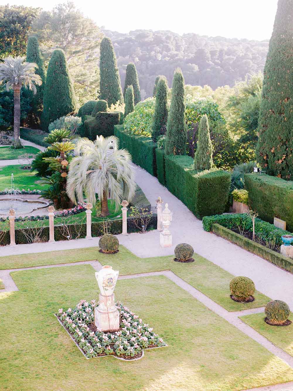 Elevated view over the formal French garden and reflecting pools at Villa Ephrussi de Rothschild